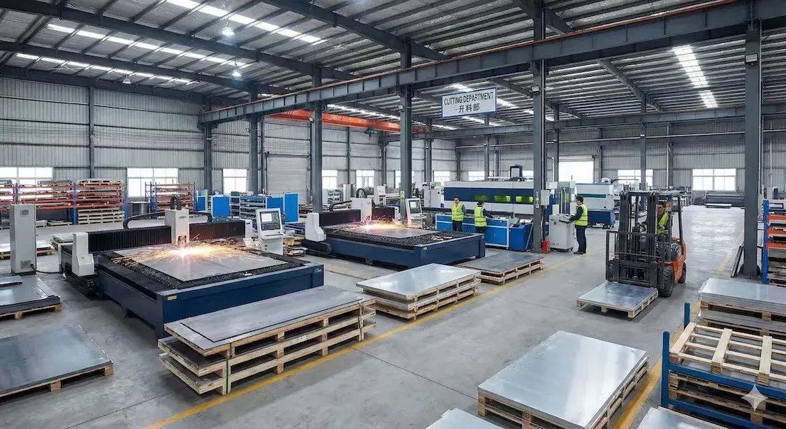 Cutting department with laser cutting machines processing metal sheets, organized pallets, forklifts, and a clean, spacious industrial workshop.