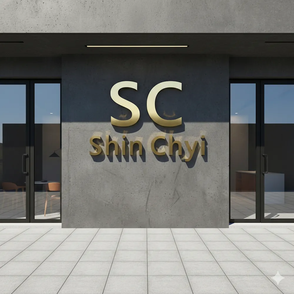 Modern living room with "HEILAN HOME" warm backlit letters on a grey textured wall, wooden furniture, and city view window.