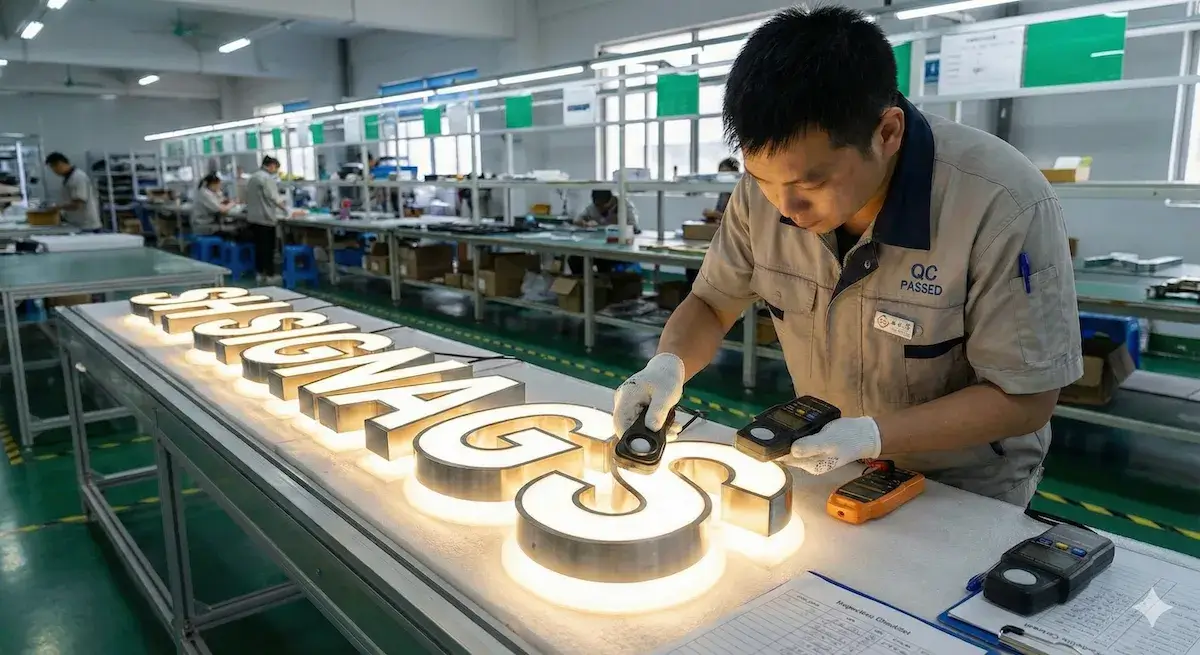 Quality control technician inspecting halo-lit illuminated letters on an assembly line, measuring brightness and finish in a clean factory workshop.