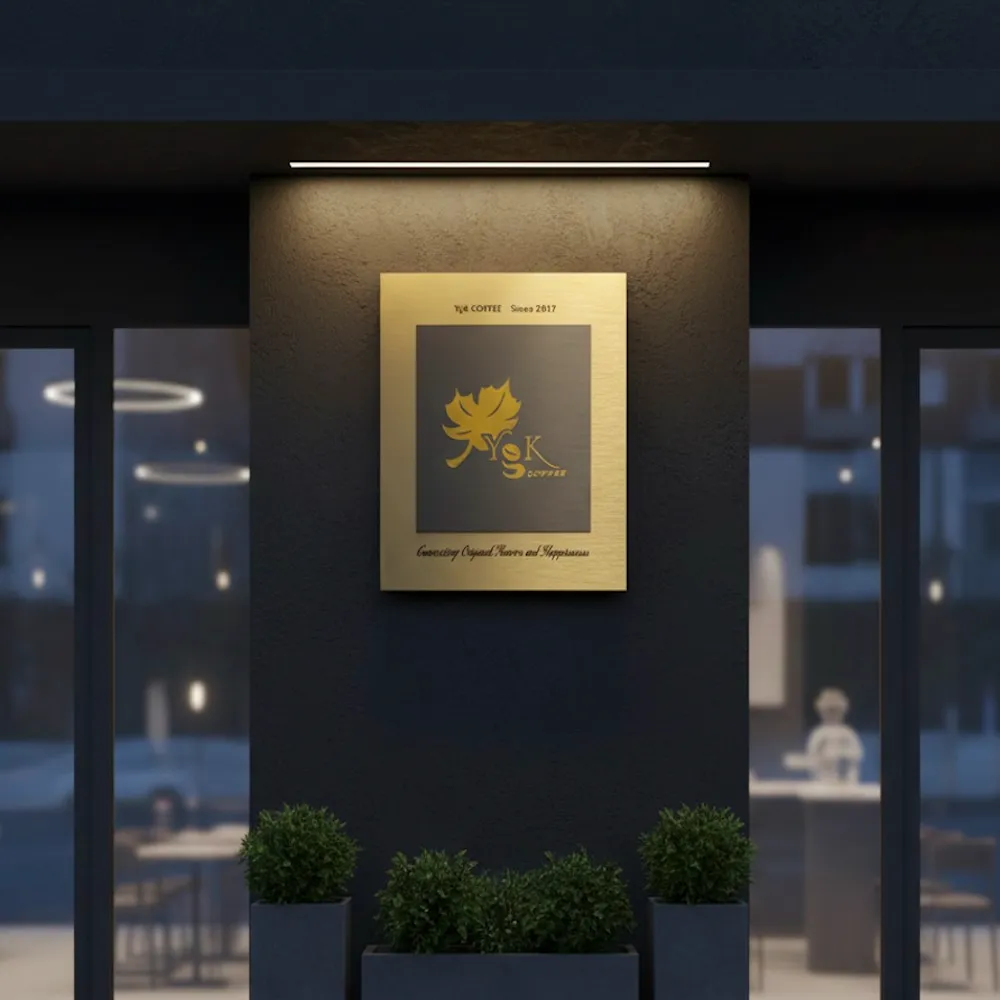 Brushed gold stainless steel plaque with a black center panel and a gold leaf logo for "YGK COFFEE" display.